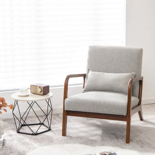 Sillón moderno con estructura de madera de caucho y almohada lumbar-Gris
