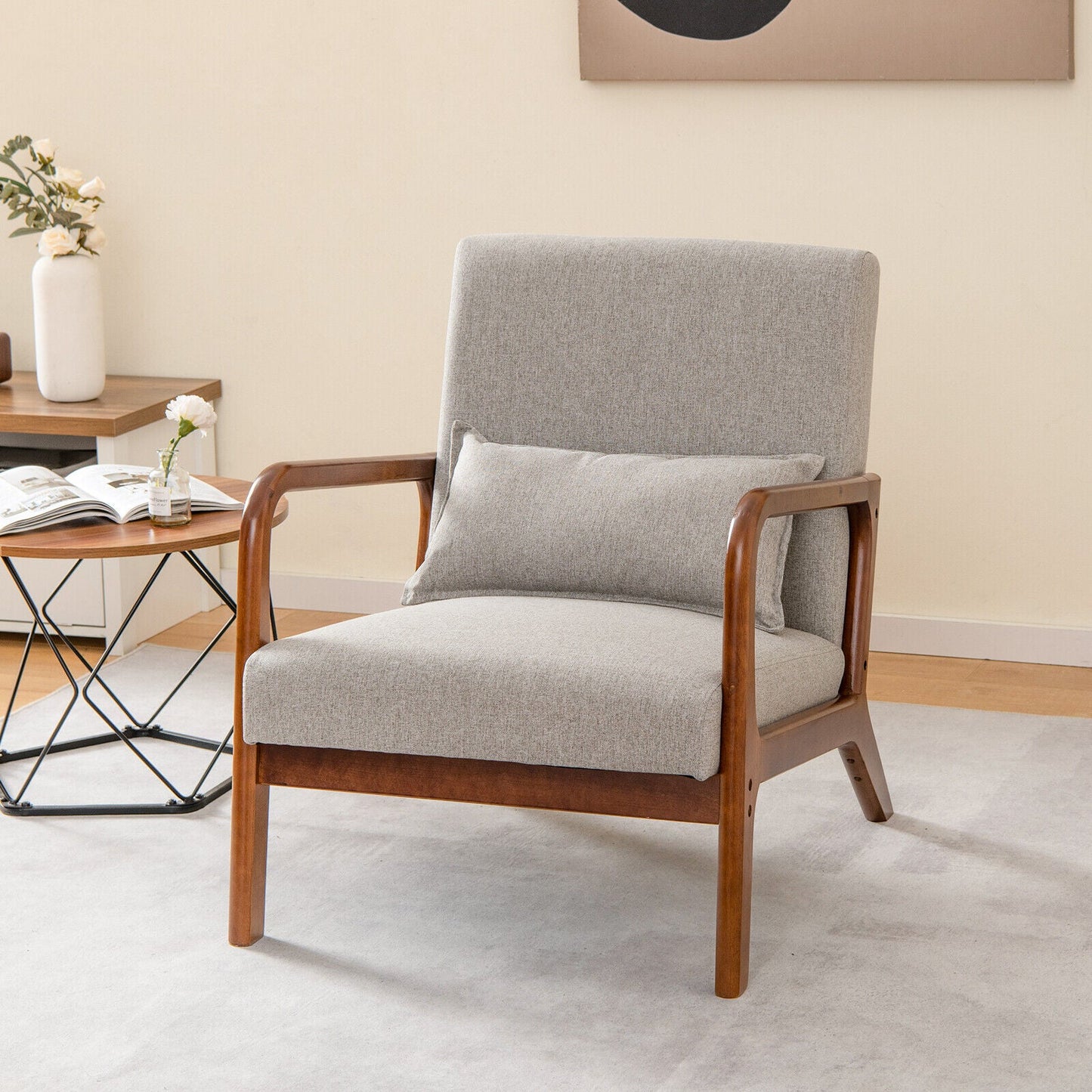 Sillón moderno con estructura de madera de caucho y almohada lumbar-Gris