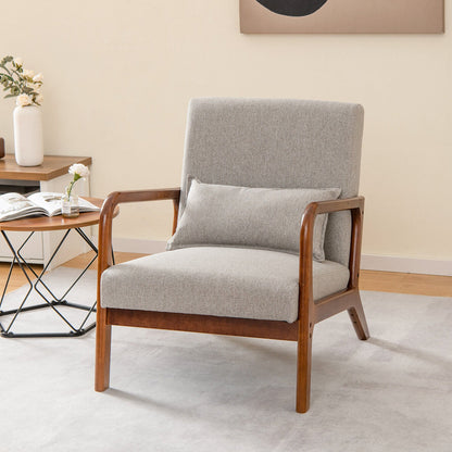 Sillón moderno con estructura de madera de caucho y almohada lumbar-Gris