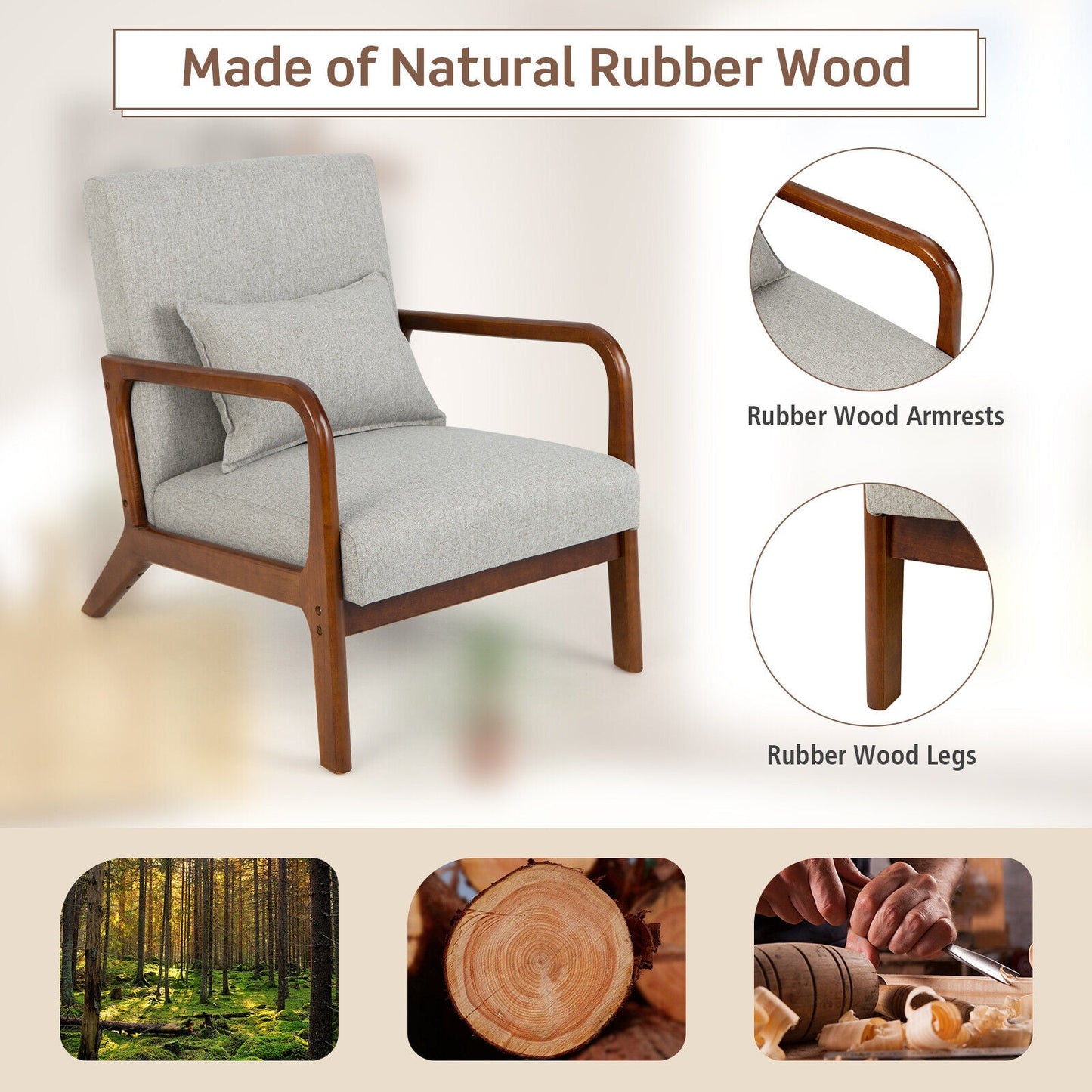 Sillón moderno con estructura de madera de caucho y almohada lumbar-Gris