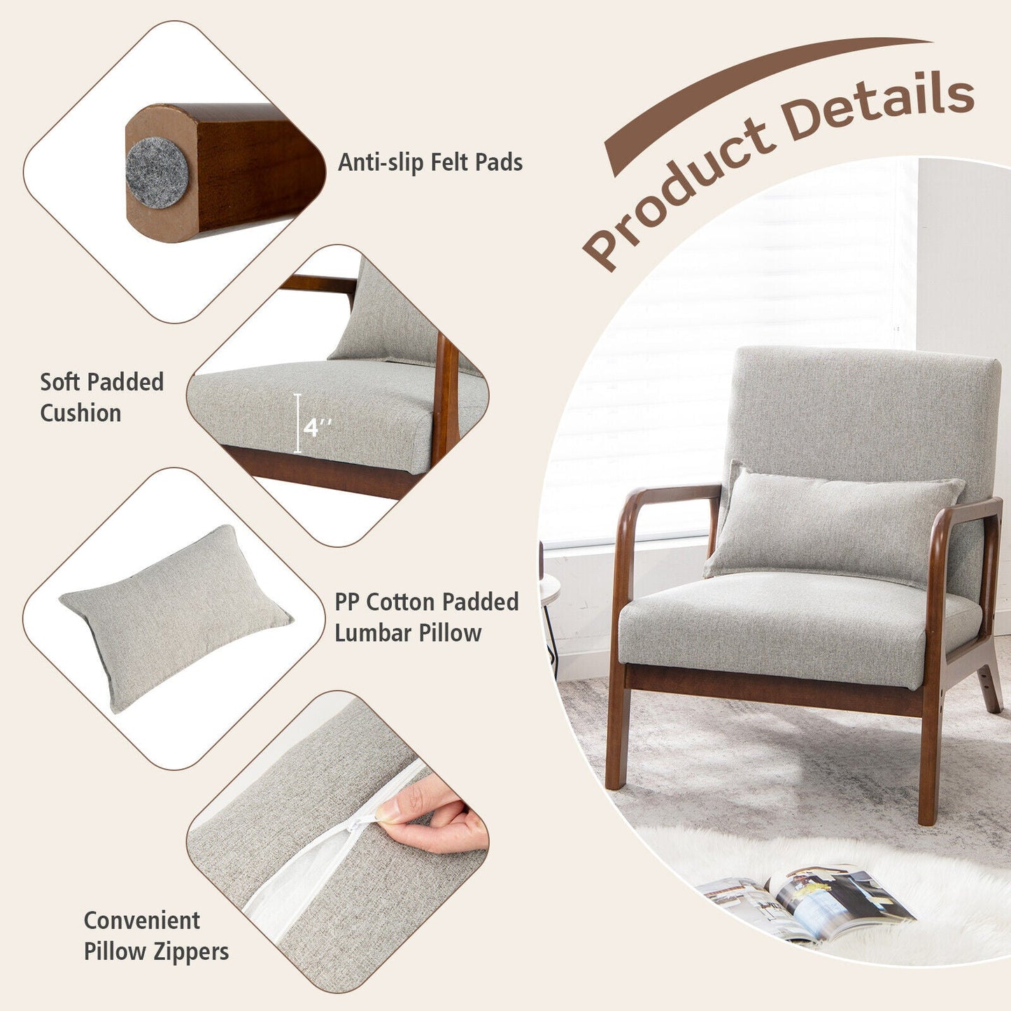Sillón moderno con estructura de madera de caucho y almohada lumbar-Gris