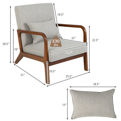 Sillón moderno con estructura de madera de caucho y almohada lumbar-Gris