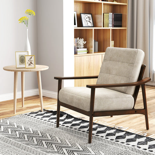 Sillón moderno con reposabrazos y patas de madera de caucho para sala de estar-Marrón