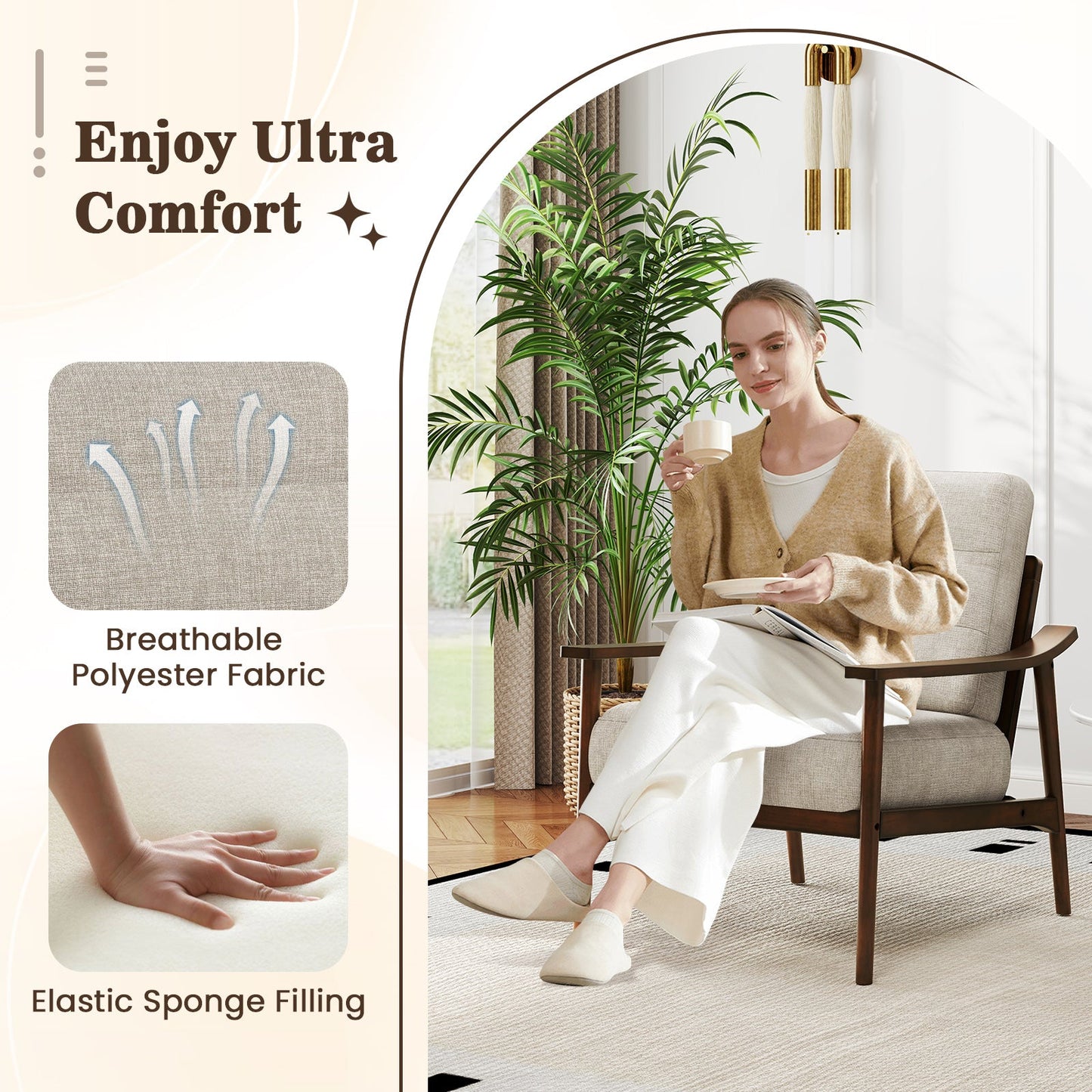 Modern Accent Chair with Rubber Wood Armrests and Legs for Living Room-Brown