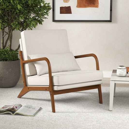 Sillón moderno con reposabrazos de madera de caucho y respaldo extraíble - Beige