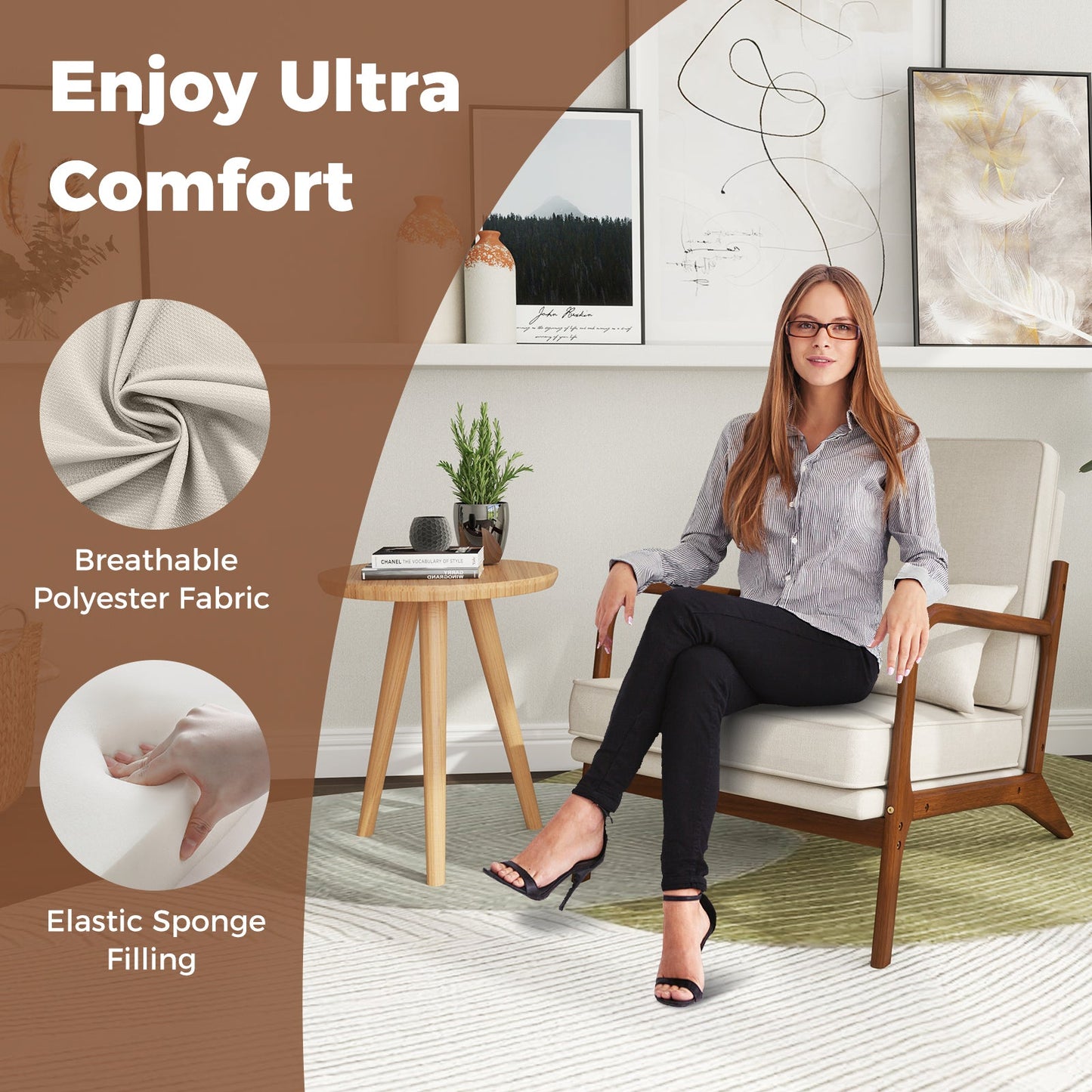 Modern Accent Chair with Rubber Wood Armrests and Removable Back-Beige