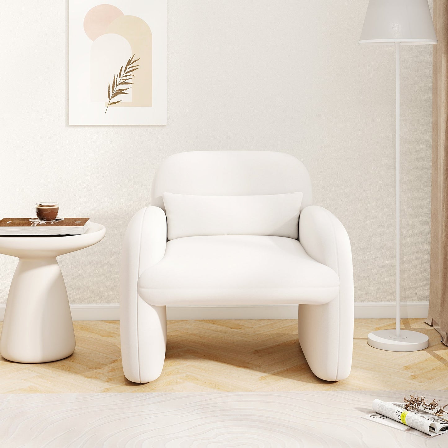Sillón Moderno con Almohada Lumbar y Reposabrazos para Salón o Dormitorio - Beige