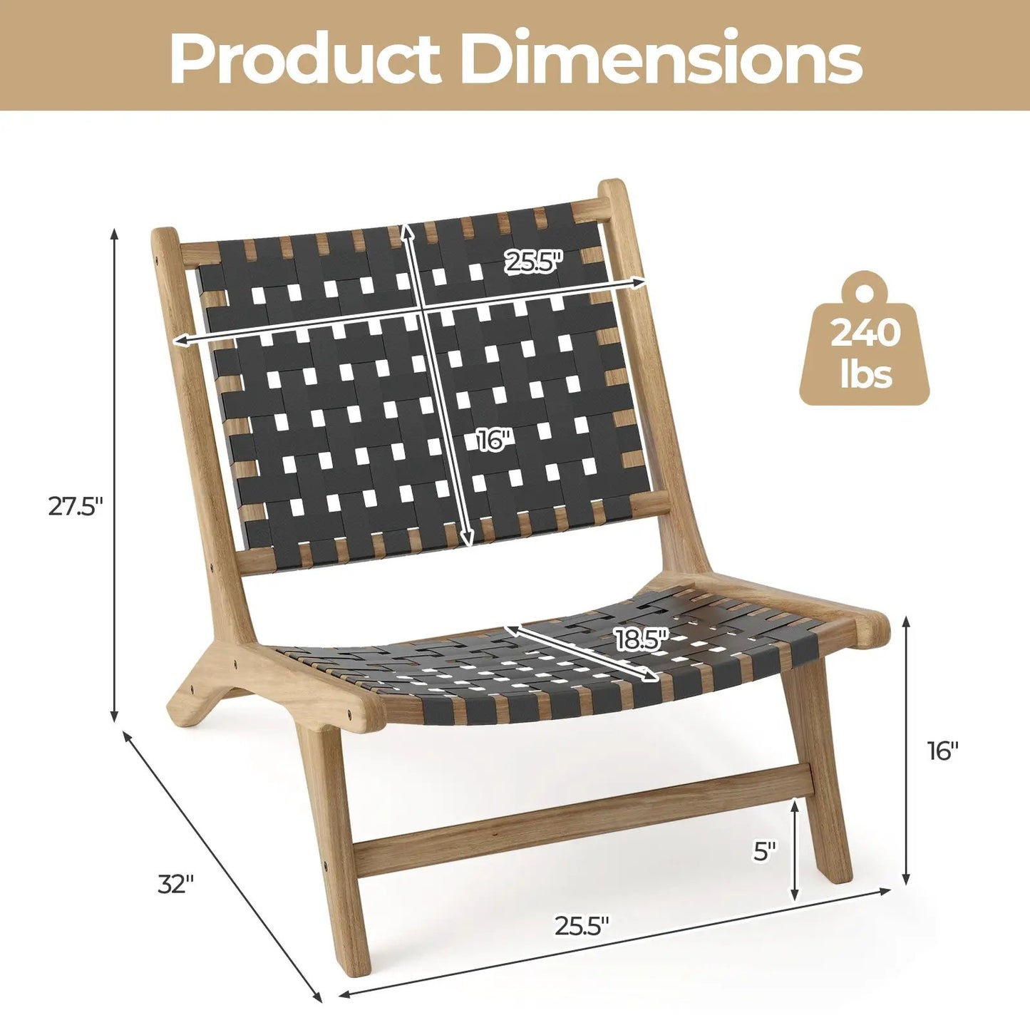Modern Armless Teak Lounge Chair with Nylon Back