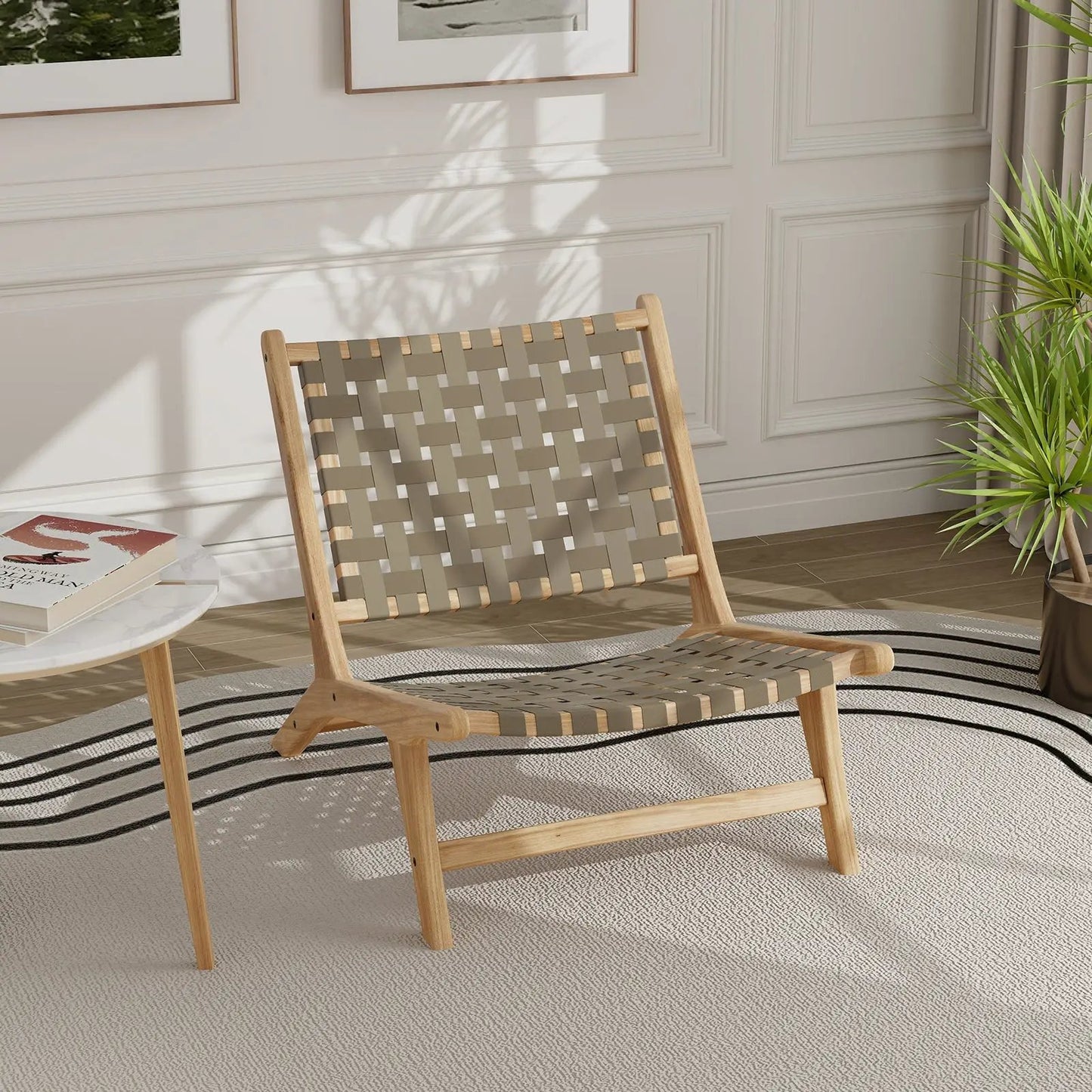 Modern Armless Teak Lounge Chair with Nylon Back