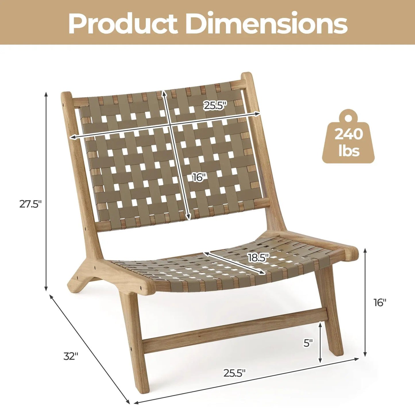 Modern Armless Teak Lounge Chair with Nylon Back