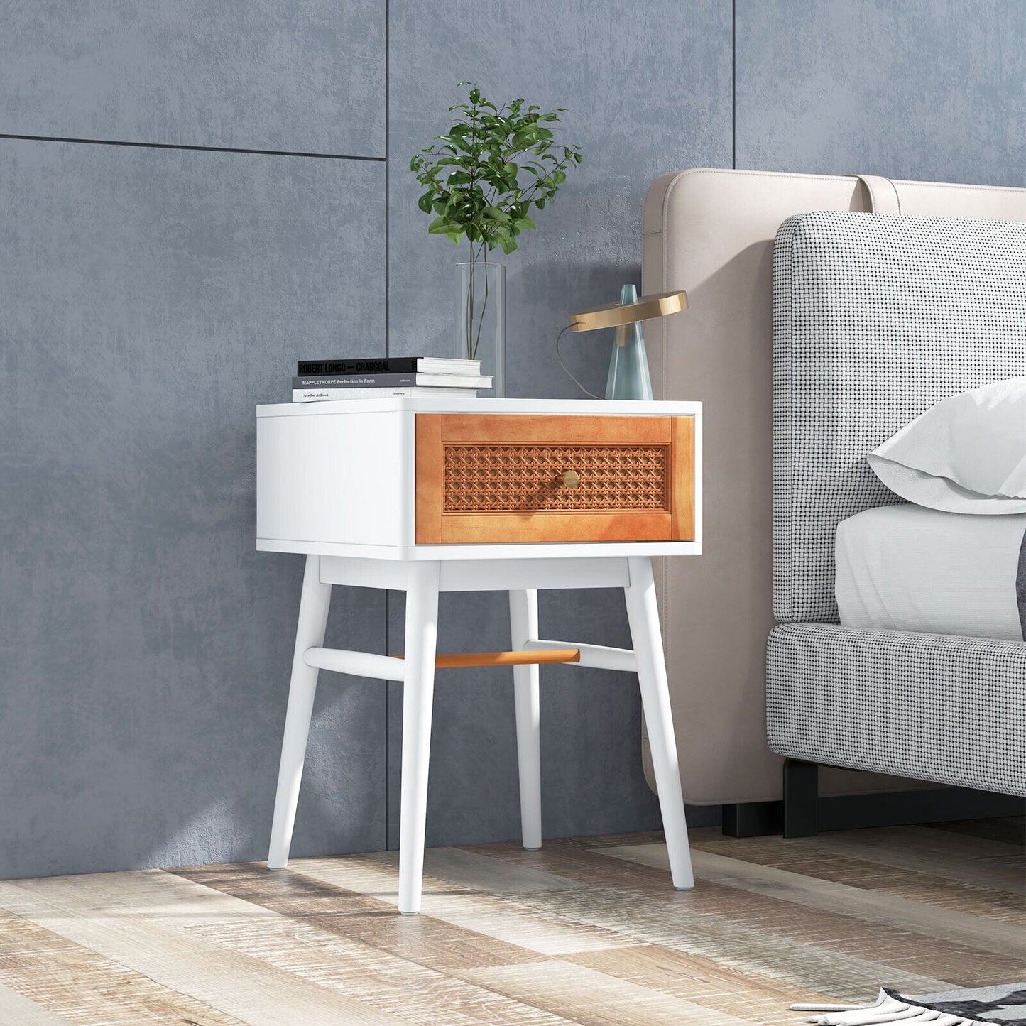 Mesita de noche moderna de 1 cajón con patas de madera maciza - Blanca