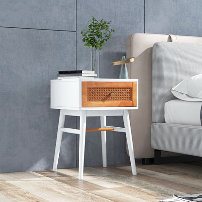 Mesita de noche moderna de 1 cajón con patas de madera maciza - Blanca