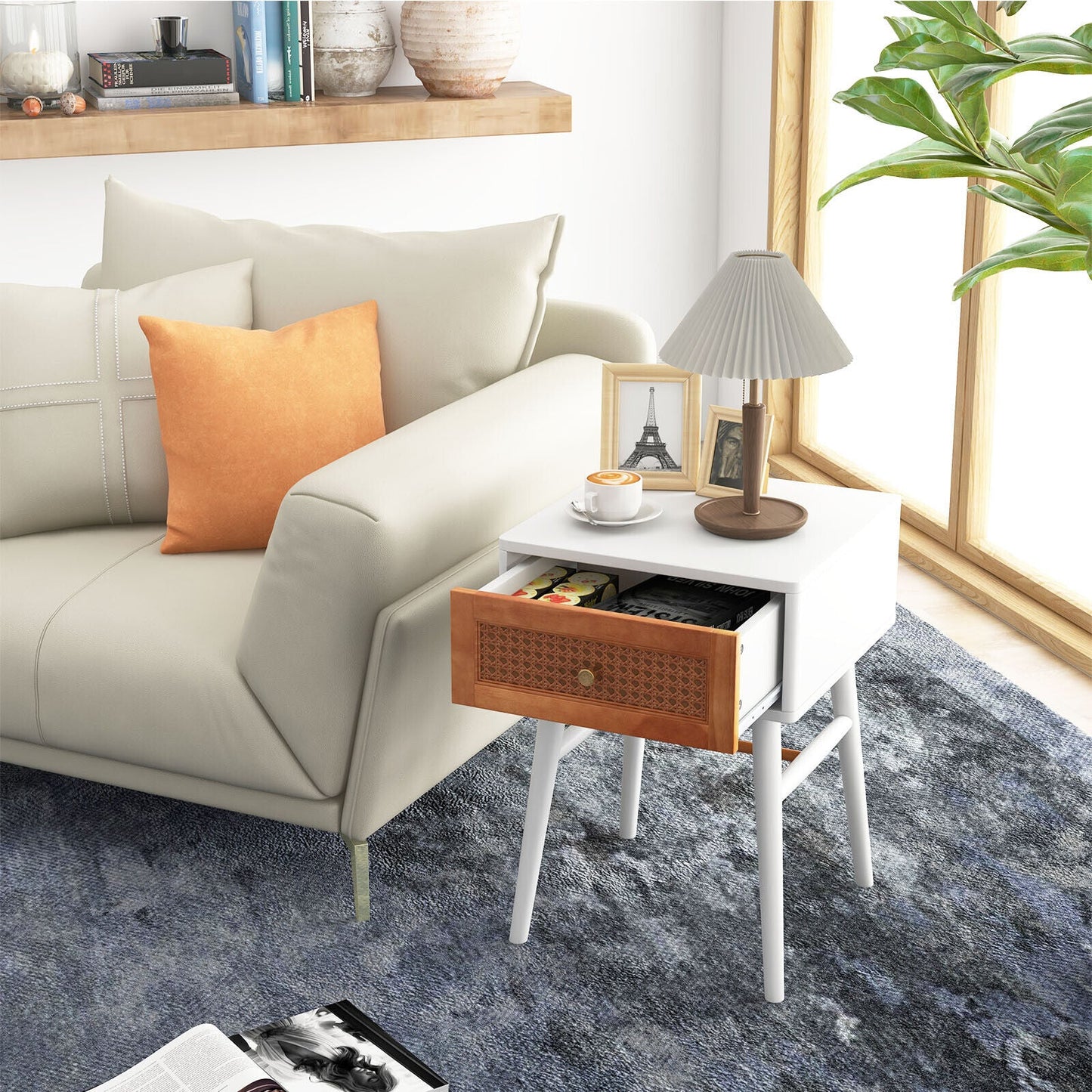 Mesita de noche moderna de 1 cajón con patas de madera maciza - Blanca