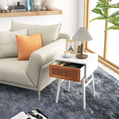 Mesita de noche moderna de 1 cajón con patas de madera maciza - Blanca