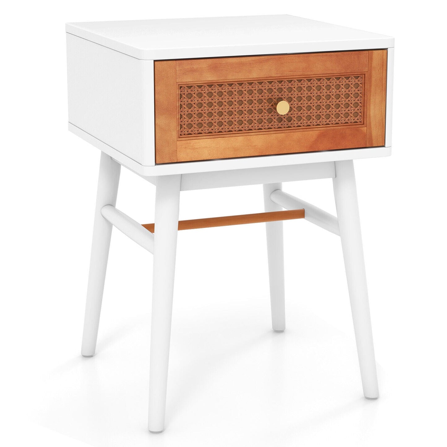 Mesita de noche moderna de 1 cajón con patas de madera maciza - Blanca