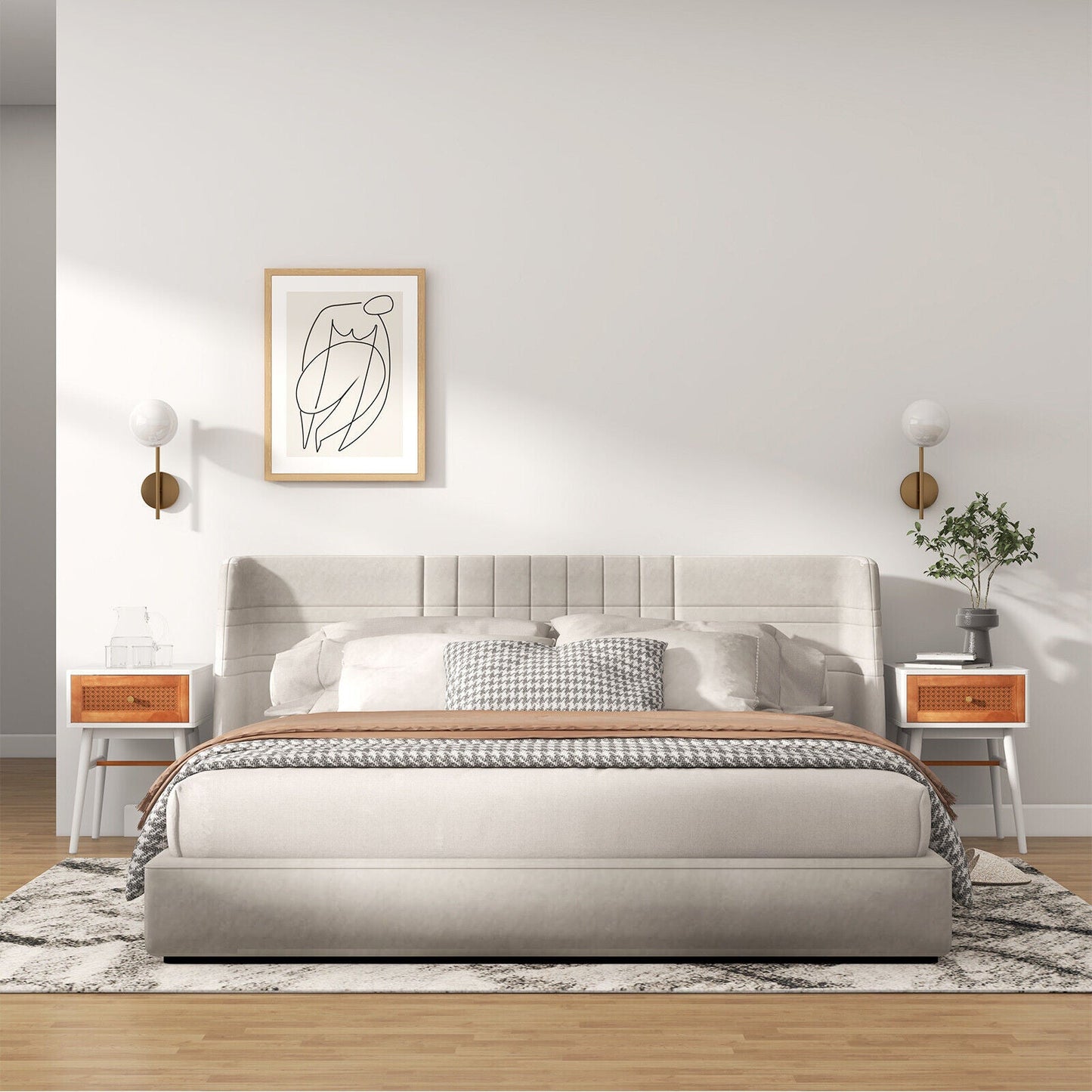 Mesita de noche moderna de 1 cajón con patas de madera maciza - Blanca