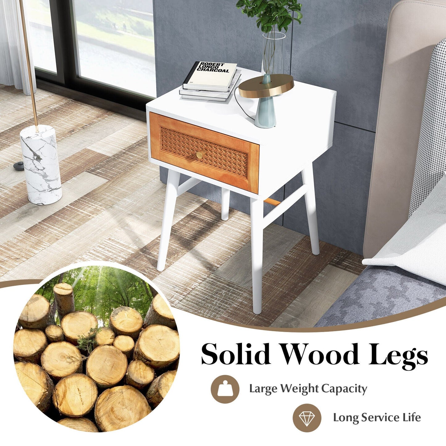 Mesita de noche moderna de 1 cajón con patas de madera maciza - Blanca