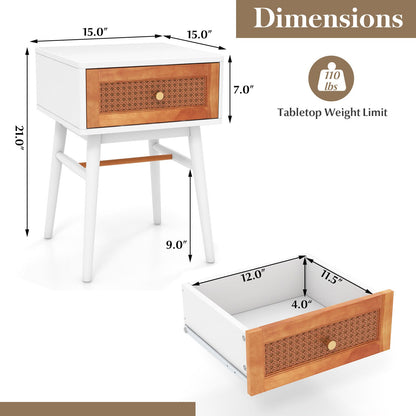 Mesita de noche moderna de 1 cajón con patas de madera maciza - Blanca