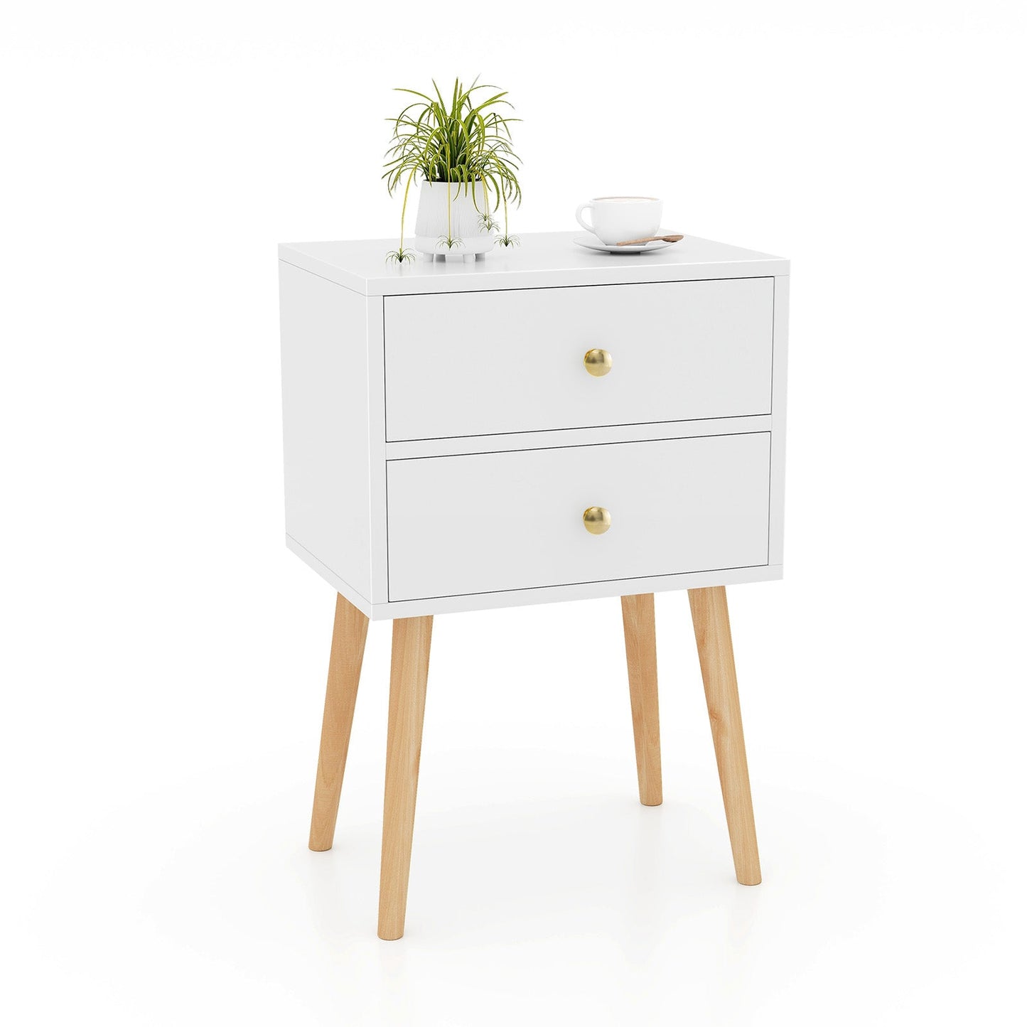 Mid Century Modern 2 Drawers Nightstand in Natural-Coffee
