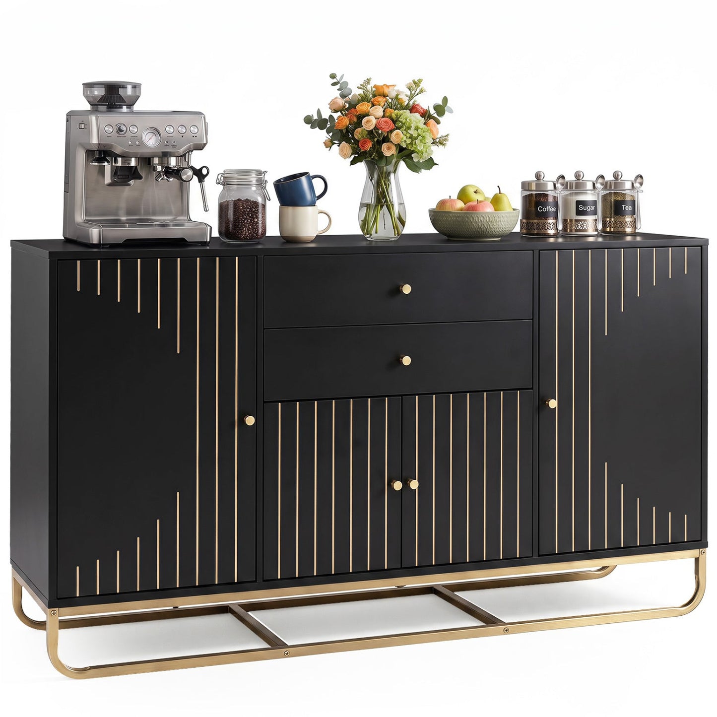 Modern black buffet sideboard with 2 drawers and adjustable shelves, gold vertical accents on Tampa Home & Garden Store