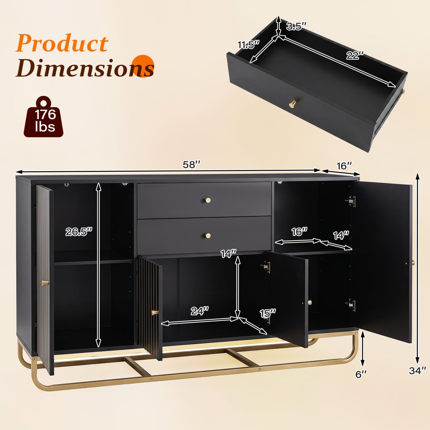 Modern Buffet Sideboard Cabinet DirectDeals black with 2 drawers and adjustable shelves on Tampa Home & Garden Store