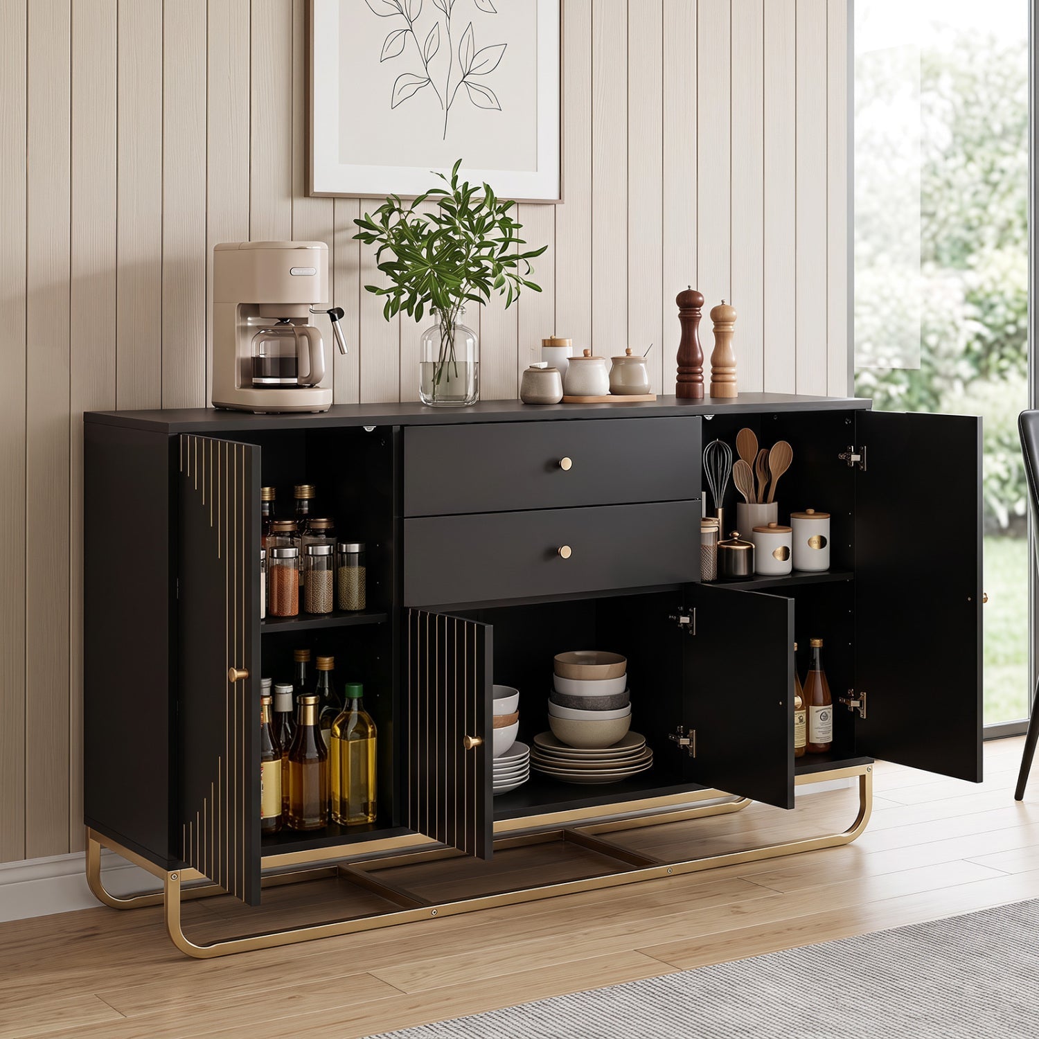 Modern buffet sideboard cabinet DirectDeals with 2 drawers and adjustable shelves in black on Tampa Home & Garden Store