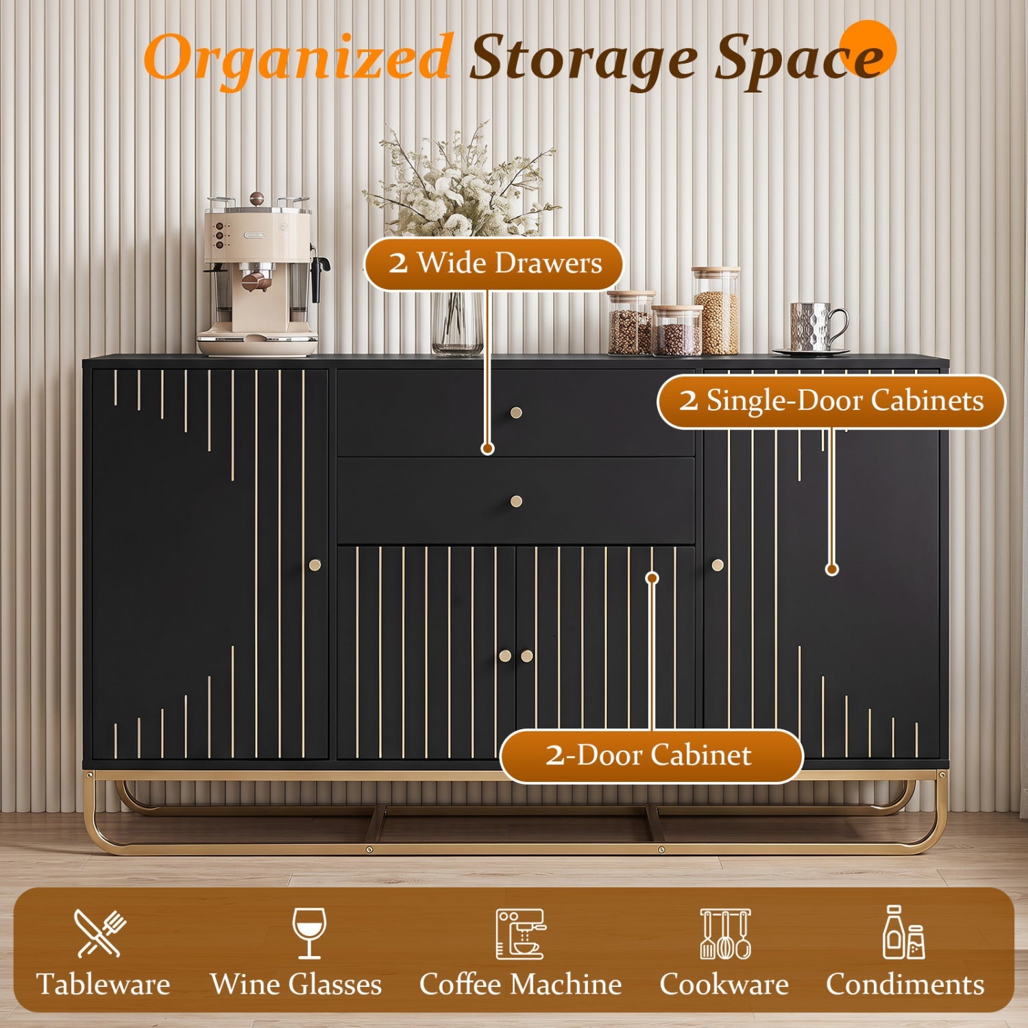 Modern buffet sideboard cabinet in black with gold trim; 2 wide drawers and 2-door cabinets on Tampa Home & Garden Store