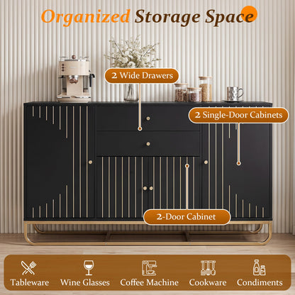 Modern buffet sideboard cabinet in black with gold trim; 2 wide drawers and 2-door cabinets on Tampa Home & Garden Store