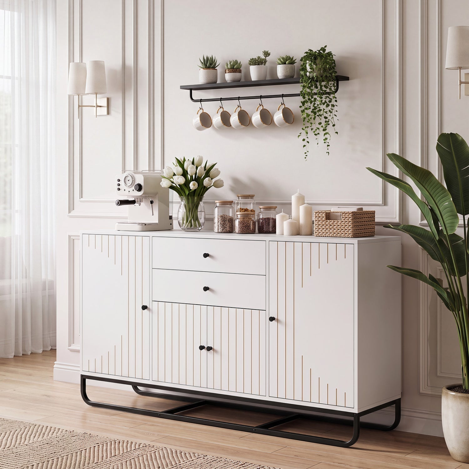 Modern white buffet sideboard cabinet with 2 drawers, adjustable shelves, DirectDeals on Tampa Home & Garden Store