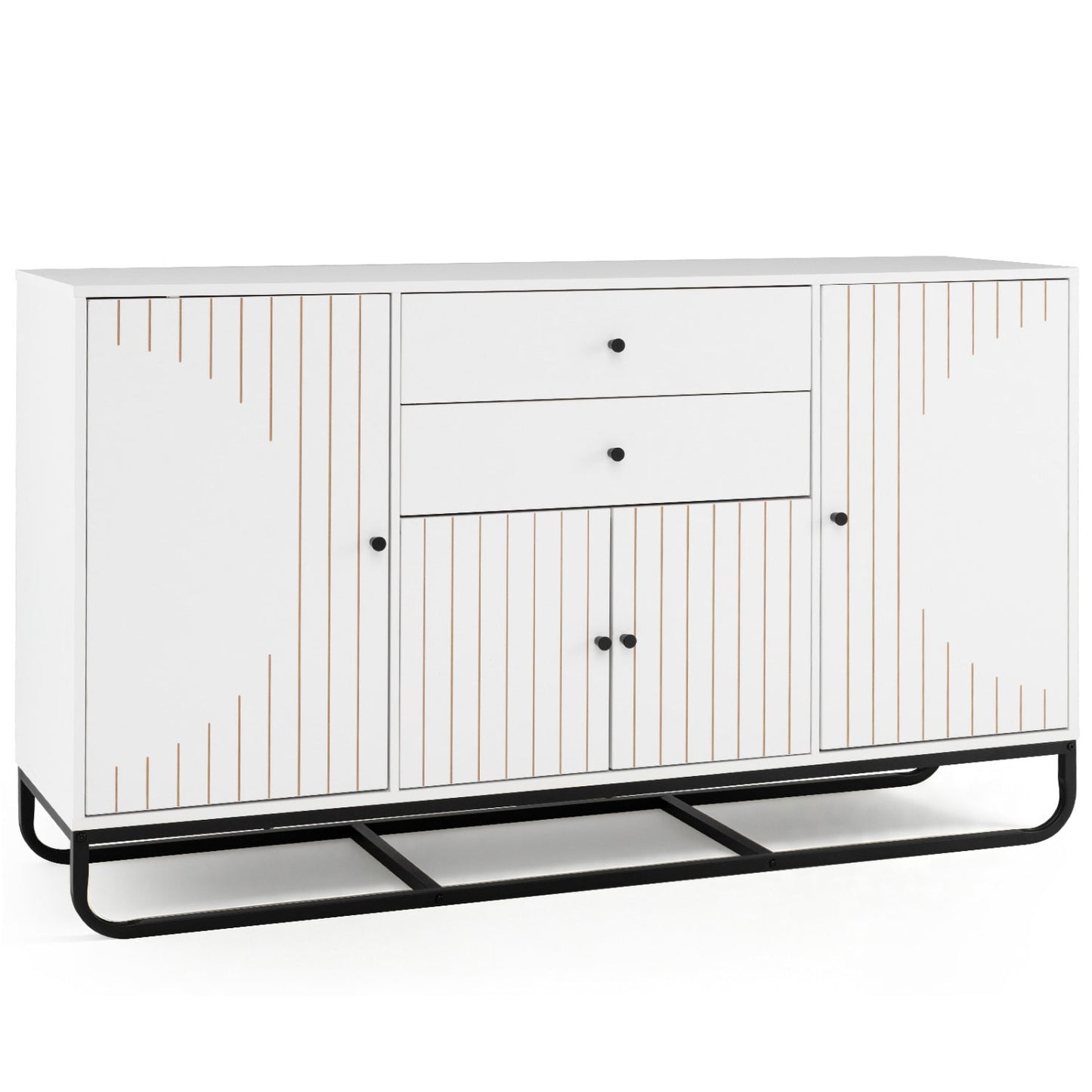 White modern buffet sideboard with 2 drawers, slatted doors, black knobs, metal base on Tampa Home & Garden Store