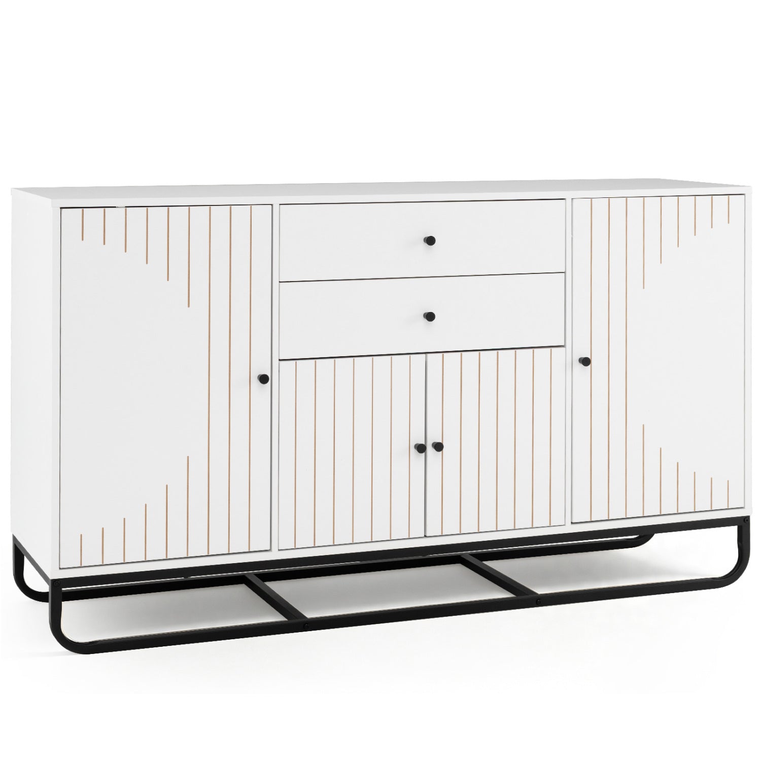 White modern buffet sideboard with 2 drawers, slatted doors, black knobs, metal base on Tampa Home & Garden Store