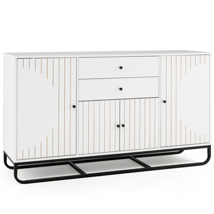White modern buffet sideboard with 2 drawers, slatted doors, black knobs, metal base on Tampa Home & Garden Store