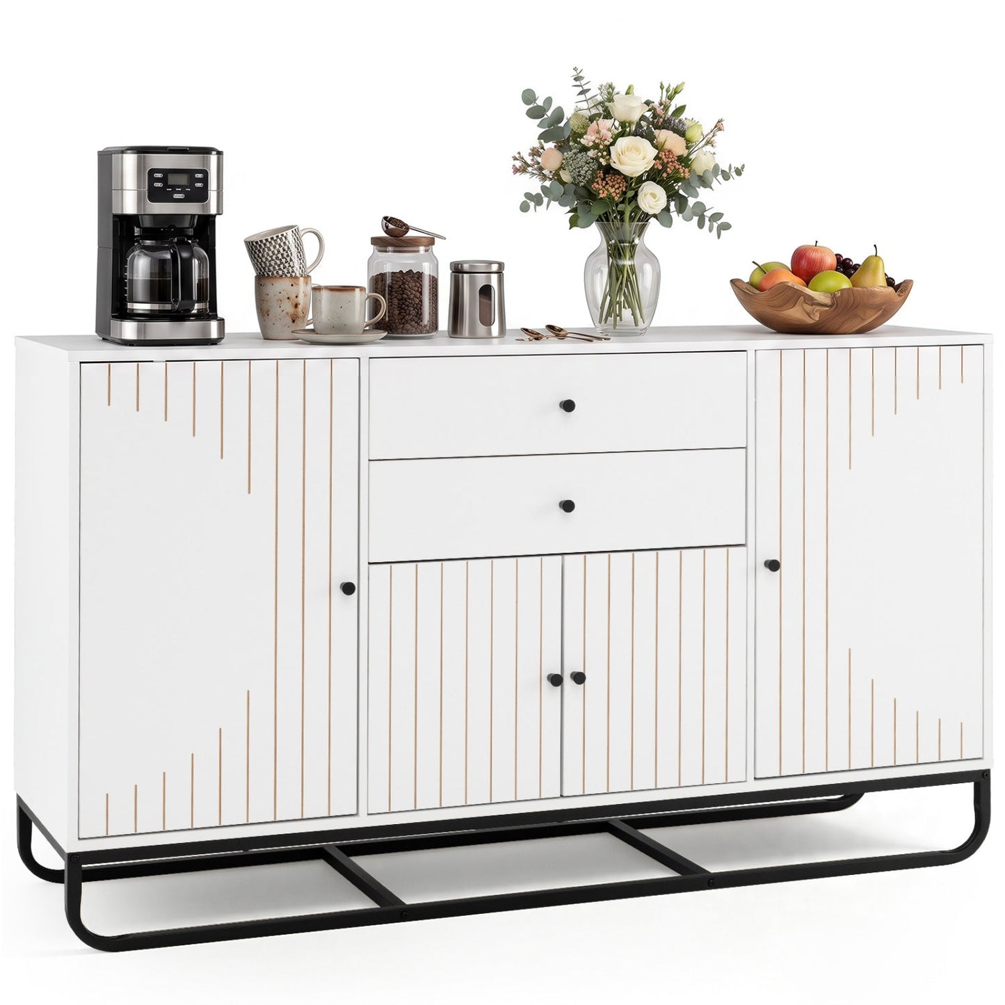 Modern buffet sideboard cabinet with 2 drawers and adjustable shelves, white with gold accents on Tampa Home & Garden Store
