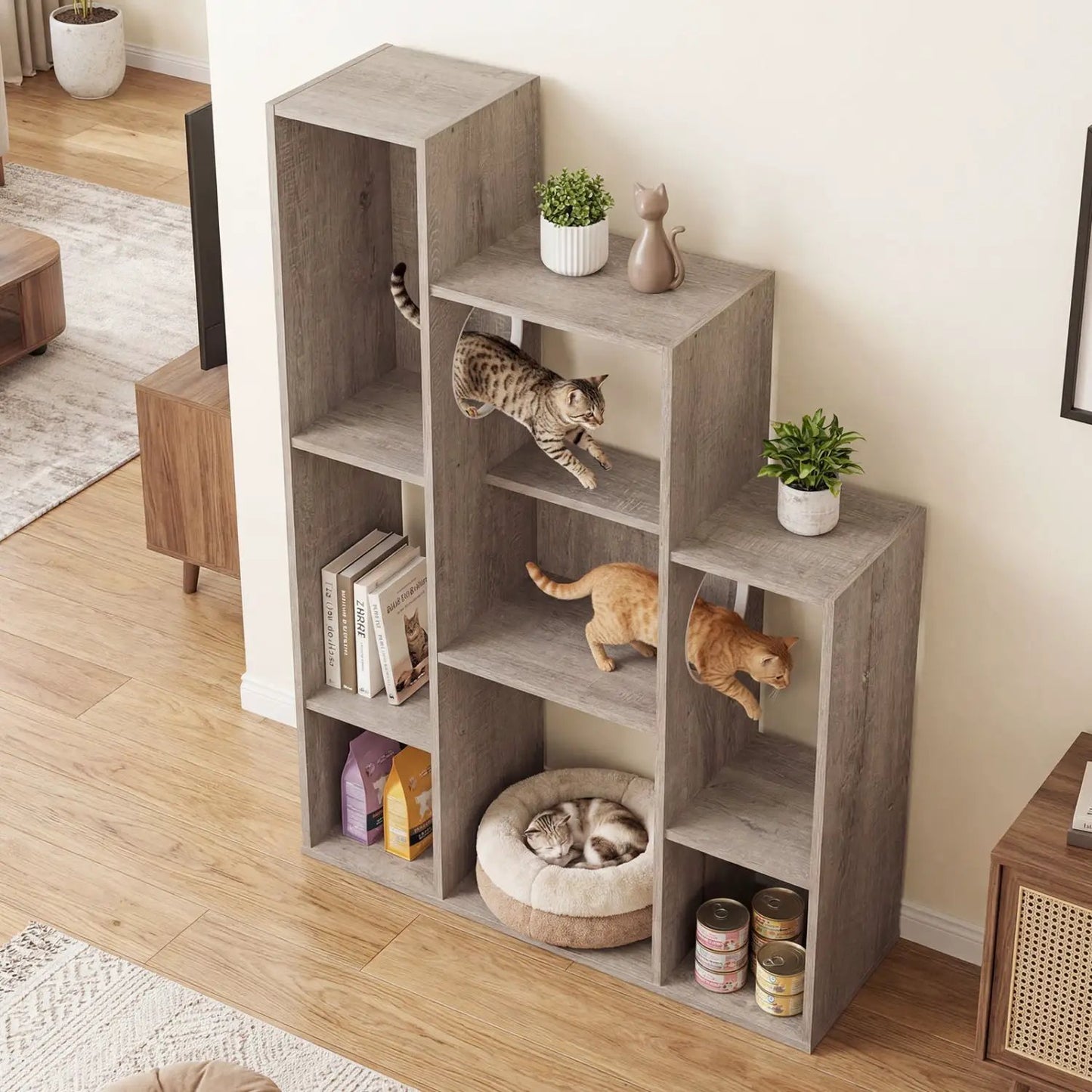 Cat Bookshelf Cat Tree with 8 Section Storage