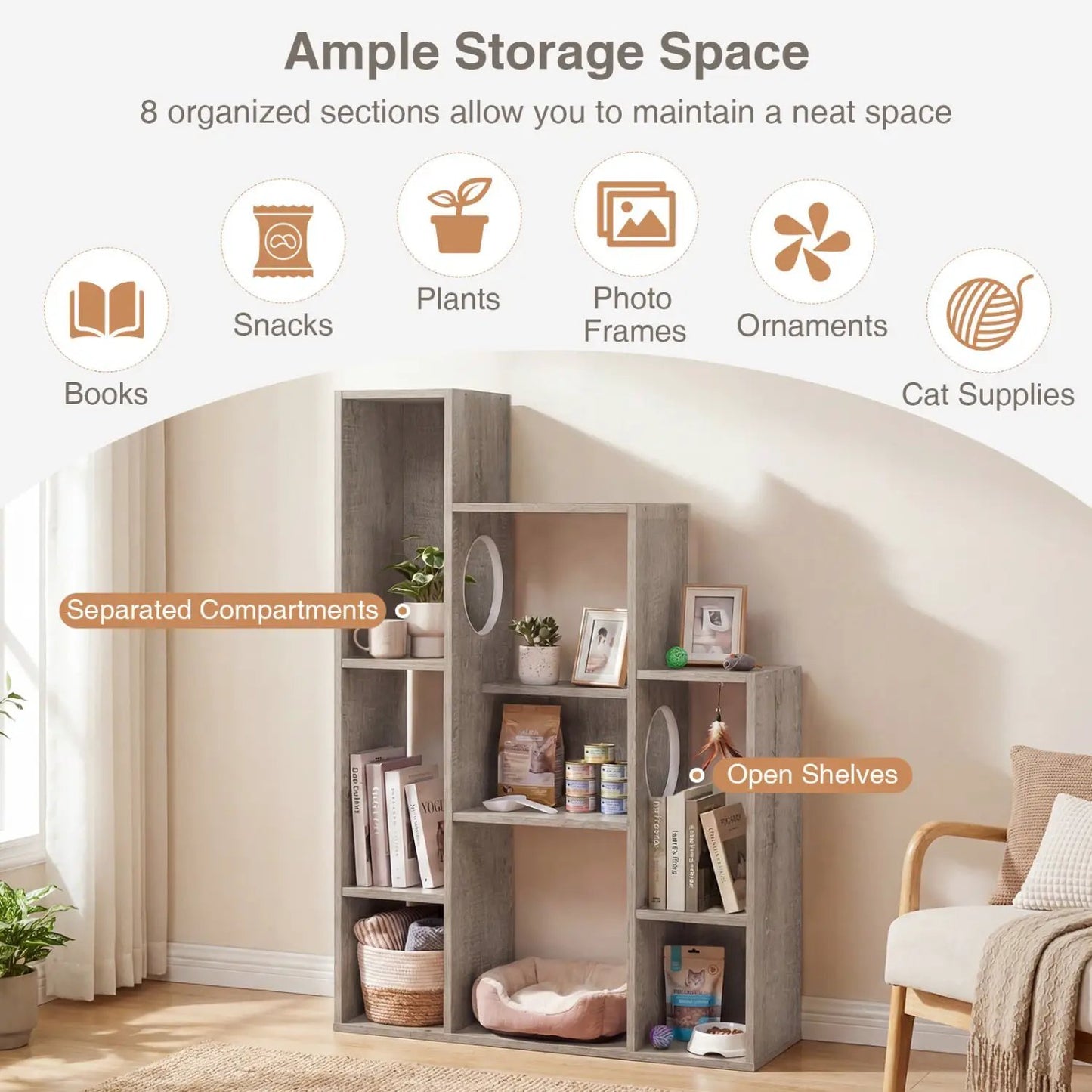 Cat Bookshelf Cat Tree with 8 Section Storage