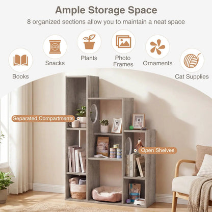 Cat Bookshelf Cat Tree with 8 Section Storage