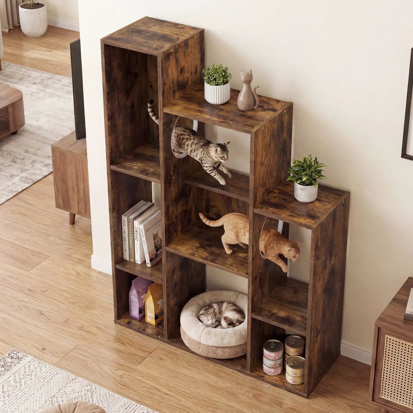 Cat Bookshelf Cat Tree with 8 Section Storage