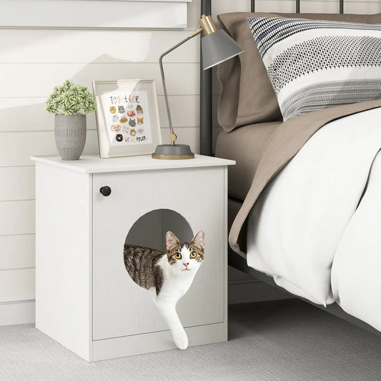 Cat Litter Box Enclosure with Nightstand Top White, circular entry hole; cat peeking on Tampa Home & Garden Store