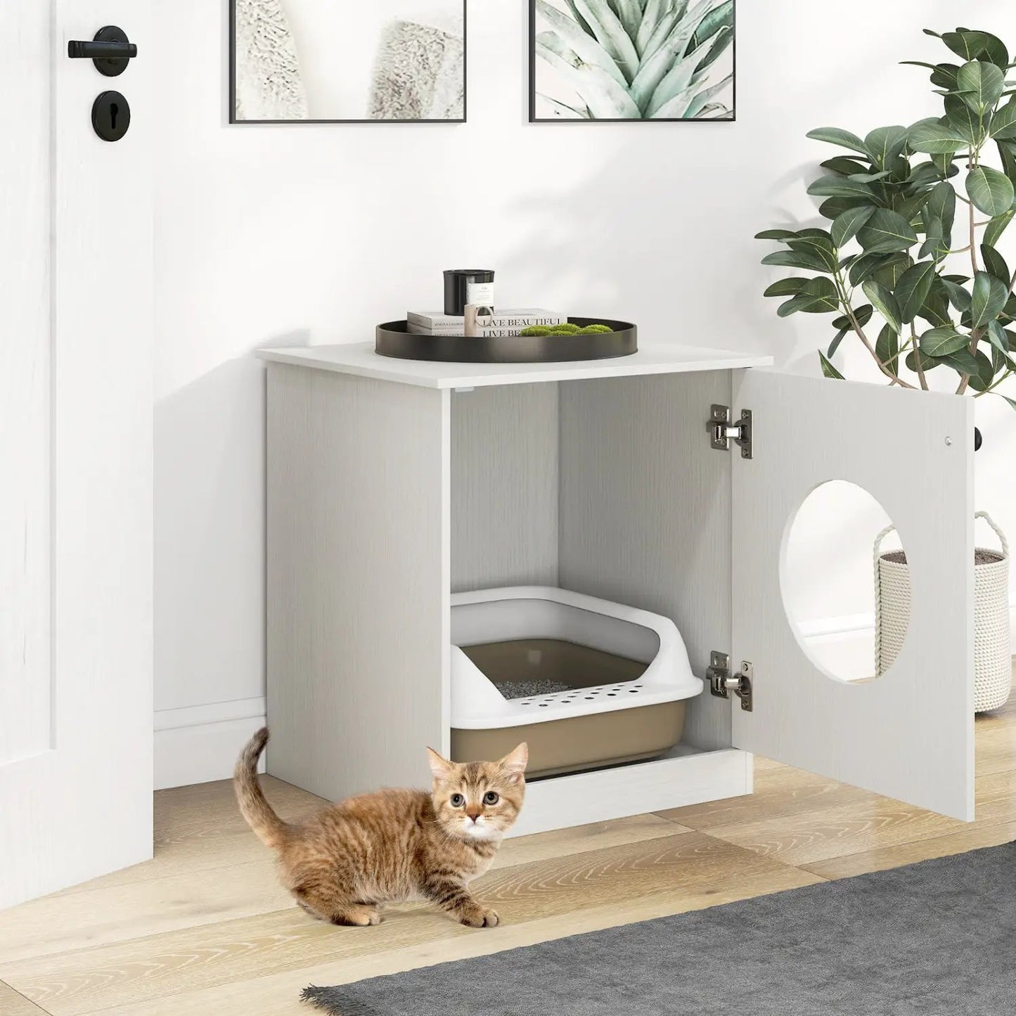 Cat Litter Box Enclosure with Nightstand White
