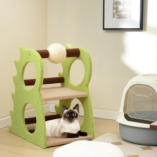 2-Tier Modern Cat Tree for Indoor Cats with Rotatable Sisal Scratching Ball-Green - Tampa Home & Garden Store