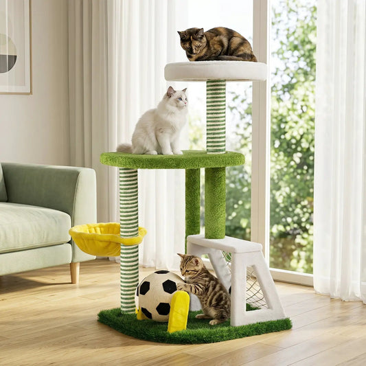 Multi-Level Cat Tree with Soccer Field & Hammock, green turf, kittens playing on Tampa Home & Garden Store