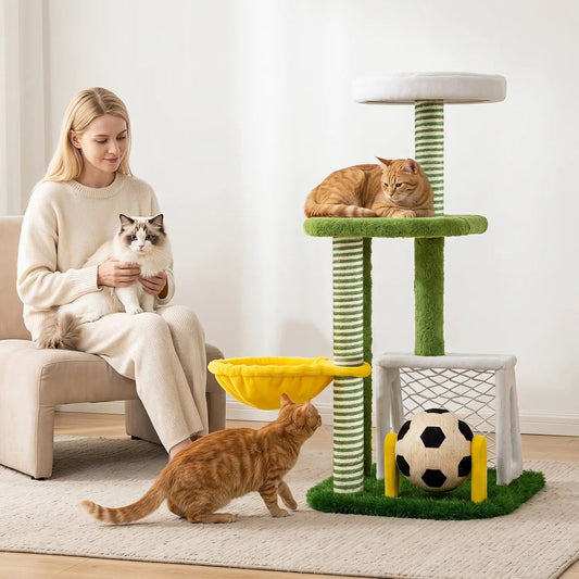 Multi-Level Cat Tree with Soccer Field & Hammock, green posts and white top platform on Tampa Home & Garden Store