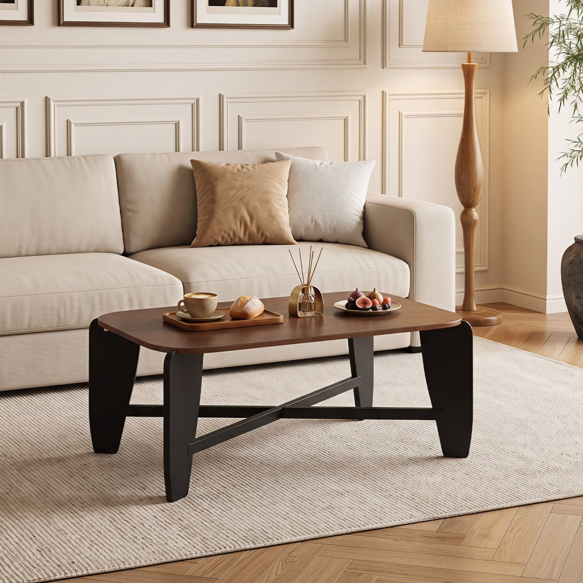 Rectangular coffee table with rubber wood cross-leg base and wood tabletop in a cozy living area on Tampa Home & Garden Store