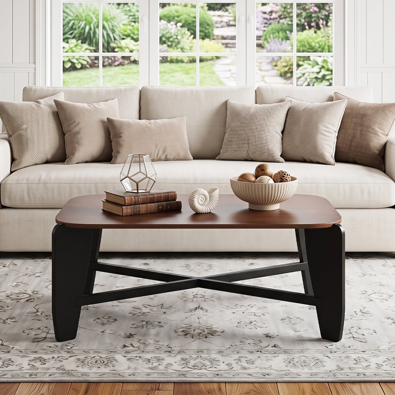 Rectangular Coffee Table with Rubber Wood Cross-Leg Base, brown tabletop and black X-frame legs on Tampa Home & Garden Store