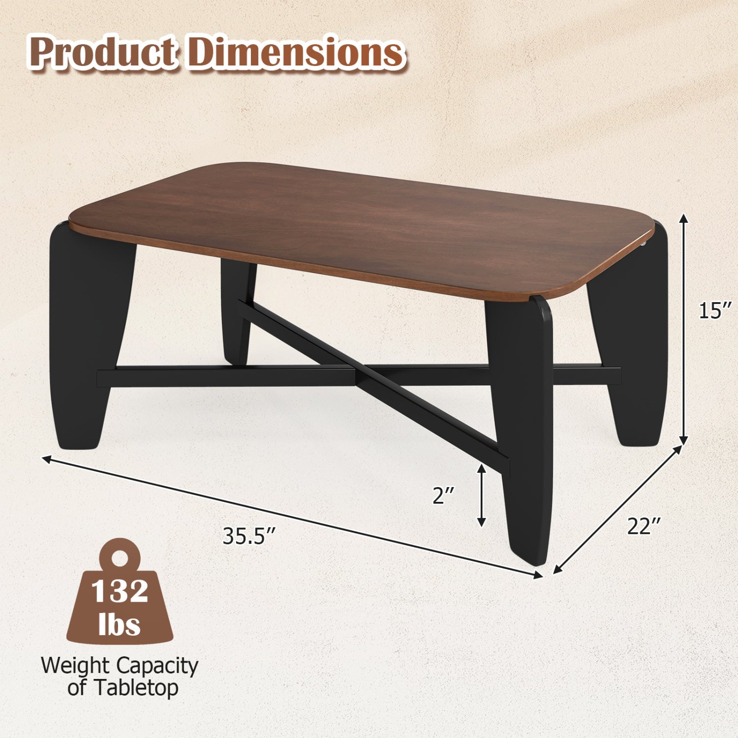 Rectangular coffee table with rubber wood cross-leg base, dark brown top by DirectDeals on Tampa Home & Garden Store