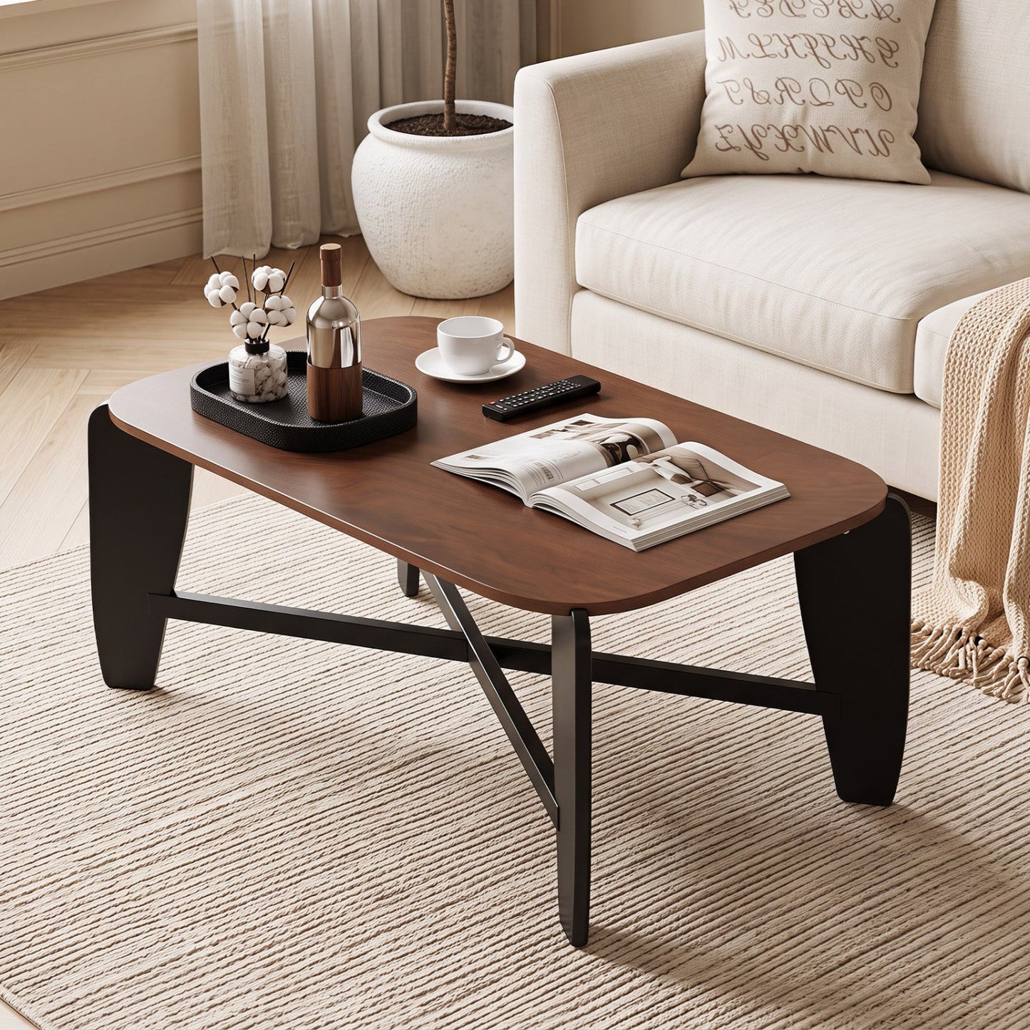 Rectangular coffee table DirectDeals with brown wood top and rubber wood cross-leg base on Tampa Home & Garden Store