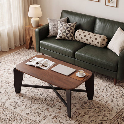 Rectangular coffee table with rubber wood cross-leg base in warm finish on Tampa Home & Garden Store
