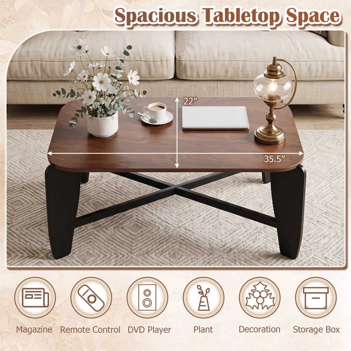 Rectangular coffee table DirectDeals with rubber wood cross-leg base and dark walnut finish on Tampa Home & Garden Store
