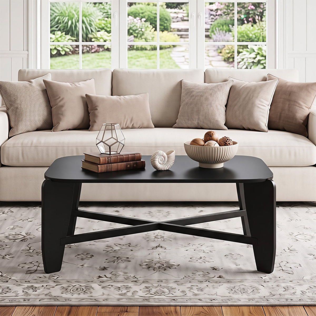 Rectangular coffee table with rubber wood cross-leg base, black finish in a living room on Tampa Home & Garden Store