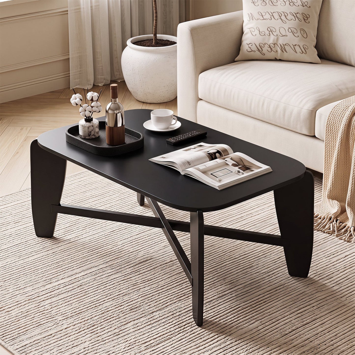 Rectangular coffee table with rubber wood cross-leg base in black DirectDeals on Tampa Home & Garden Store